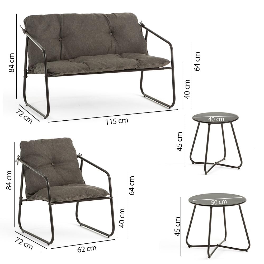 SIEDITI FUORI E DENTRO Set salotto da giardino 5 pezzi in acciaio, set di mobili da giardino con divano 2 posti, 2 poltrone, 2 tavlini e cuscini, salottino da esterno per patio balcone (Grigio Scuro)