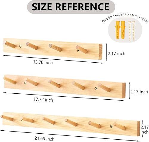 Miniatura 5 de Perchero de madera de haya para colgar en la pared, perchero largo de madera con 6 ganchos para bolsos, ropa, toallas, sombreros en la entrada,