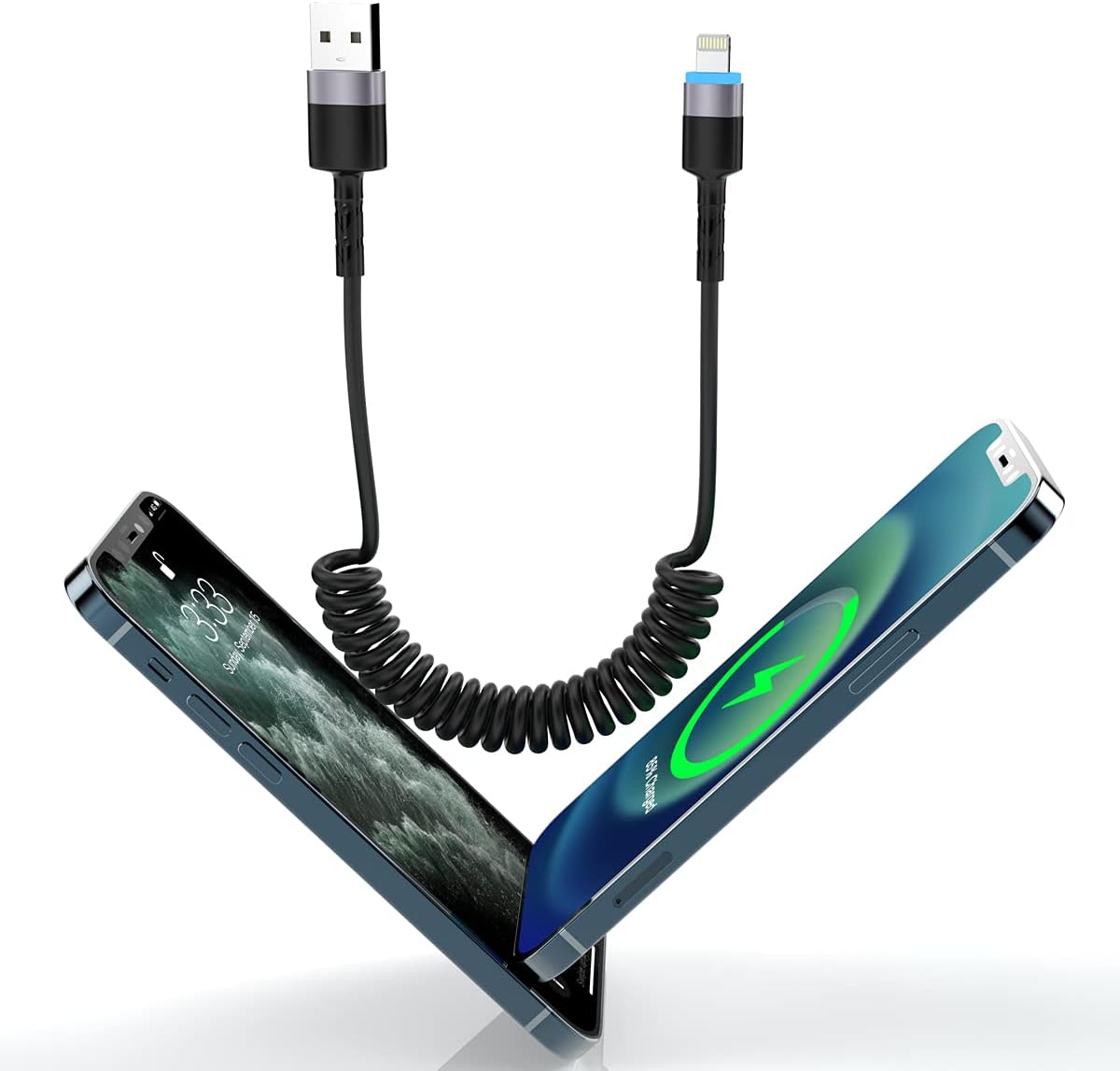 1.8M/6Ft USB iPhone Coiled Lightning Charging Cable for CarPlay,Apple Fast Charging Cord Sync USB Data Spring LED Retractable Charger Adapter Connector for iOS/iPhone 12/11/SE/Xs/Xr/8/7/6/iPad/iPod