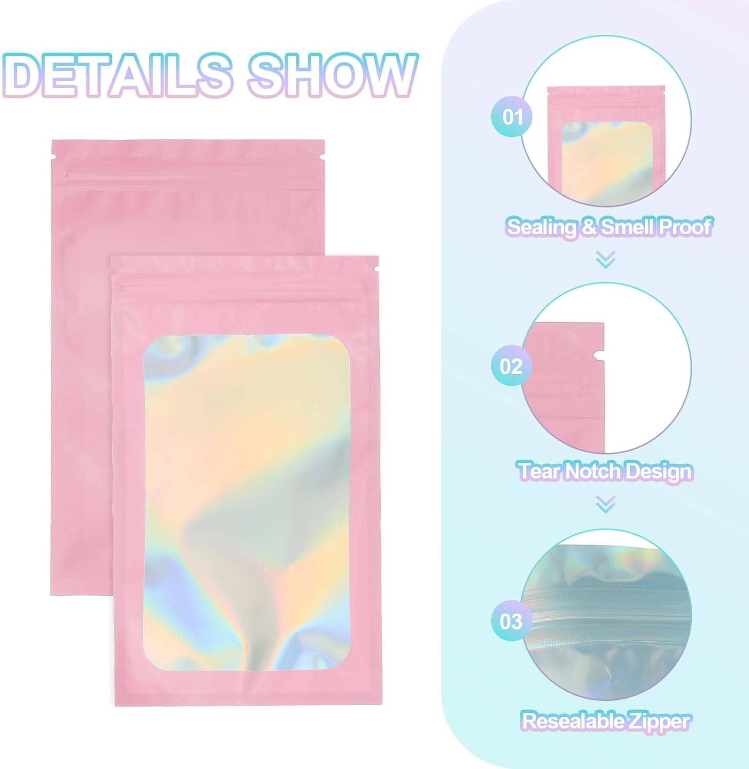 PATIKIL 5 x 8 Inch Holographic Packaging Bags, 100 Pcs Clear Window Resealable Food Storage Smell Proof Foil Pouch Bag for Small Business Party Favor Candy Jewelry, Pink
