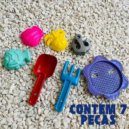 Kit Baldinho de Praia de Brinquedo com 7 Peças - Diversão na Areia com Moldes, Pá, Rastelo e Muito M