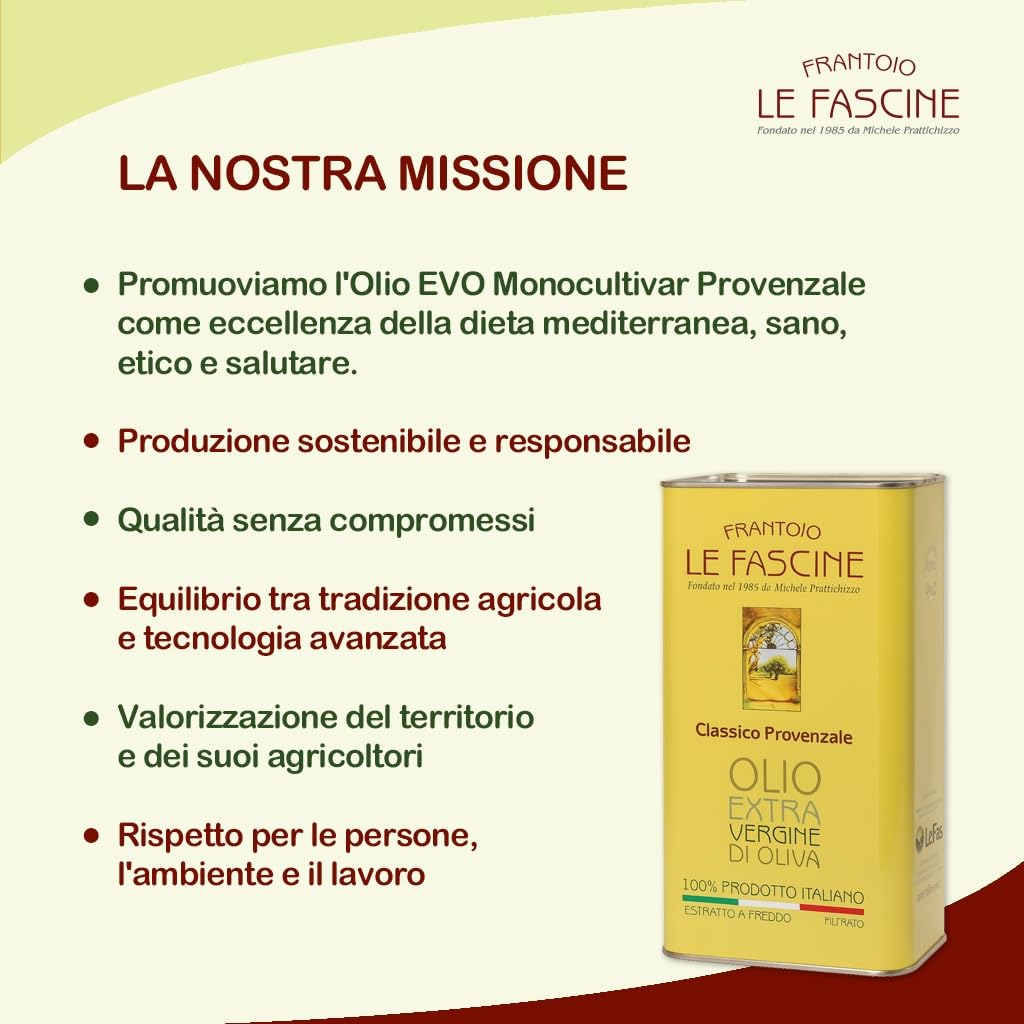 Le Fascine "Classico" - 100% italienisches Olivenöl, extra natives Olivenöl, kaltgewonnen, ungefiltert, 100% hergestellt von Monocultivar Provençal (2 x 3 Liter)