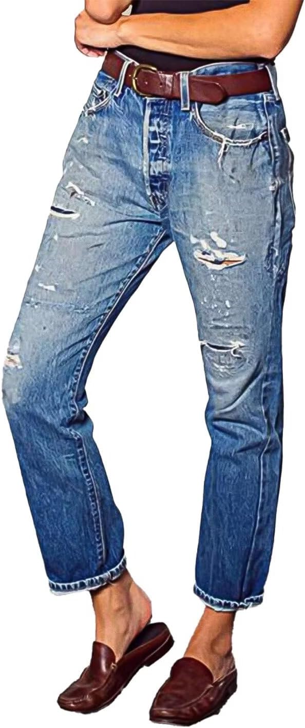 Flamingals Straight Leg Mid Rise Causal Ripped Demin Jeans Without Belt