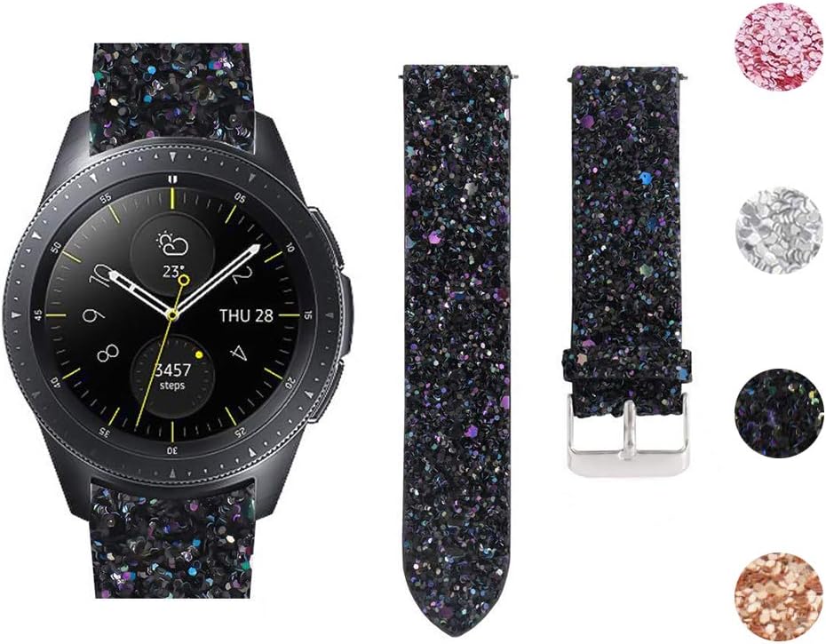 UniqeStyle Compatible Samsung Galaxy Watch 42mm Bands Glitter ,Gear S2 Strap Fashion Slim Bling Leather Band 20mm Wristband For Samsung Galaxy Watch 42mm/S2 Classic Smartwatch/SM-R810/R815 (Black）