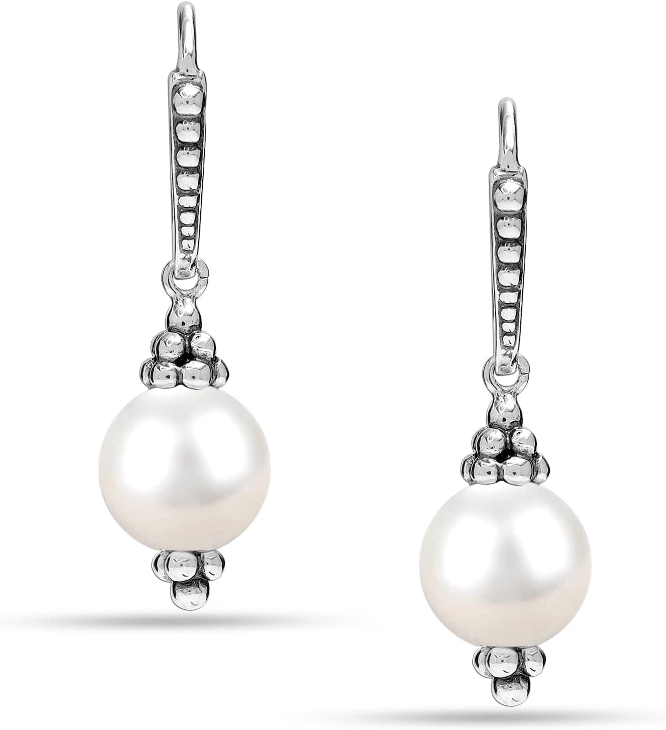 LeCalla 925 Sterling Silver Caviar Drop Earrings | Antique Leverback Drop Pearl Earrings | Bali Lever-Back Dangle Earring for Women - 30mm
