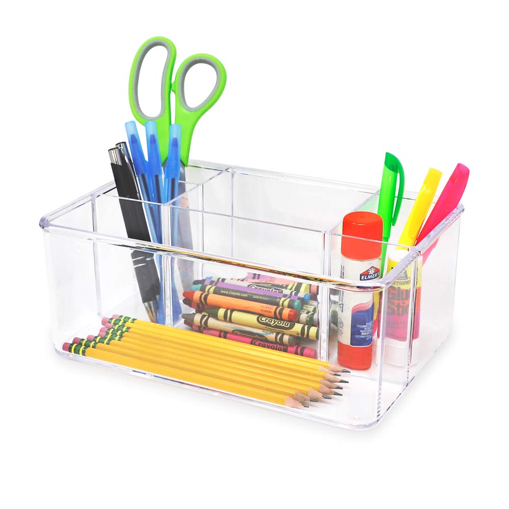 Isaac Jacobs Organizador de acrílico transparente con 5 compartimentos (25,4 cm de largo x 17,7 cm de ancho x 10,1 cm de alto), soporte para cepillo de maquillaje, ranura alta, bandeja