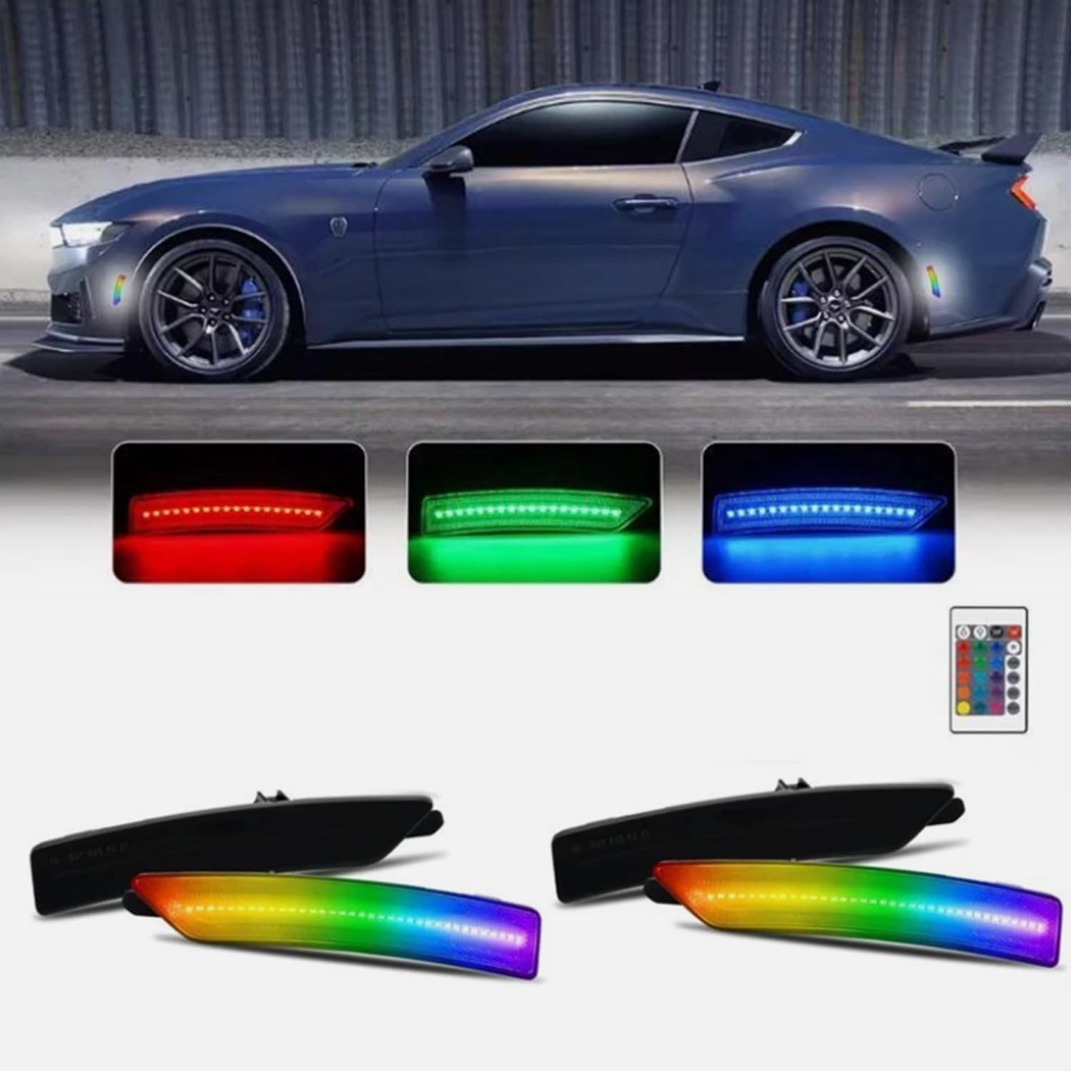 RGB LED Side Marker Lights Front & Rear Bumper Fender White Parking Lamps for 2024-2025 Ford Mustang (S650, Gen7) 2024-up,Smoke Lens, Pack of 4