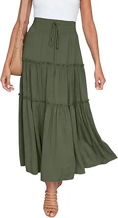 HAEOF Women's Boho Elastic High Waist A Line Ruffle Swing Beach Maxi Skirt with Pockets
