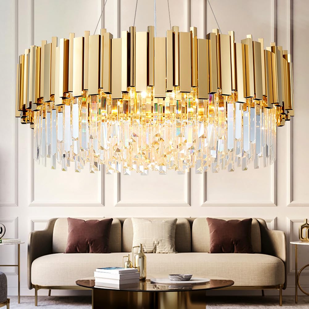 DUNFIZZ Modern Crystal Chandeliers Luxury Contemporary Gold Chandelier 9 Lights K9 Crystal Ceiling Light Fixture for Dining Room Living Room Foyer Kitchen Hotel Dia 27.6 inches