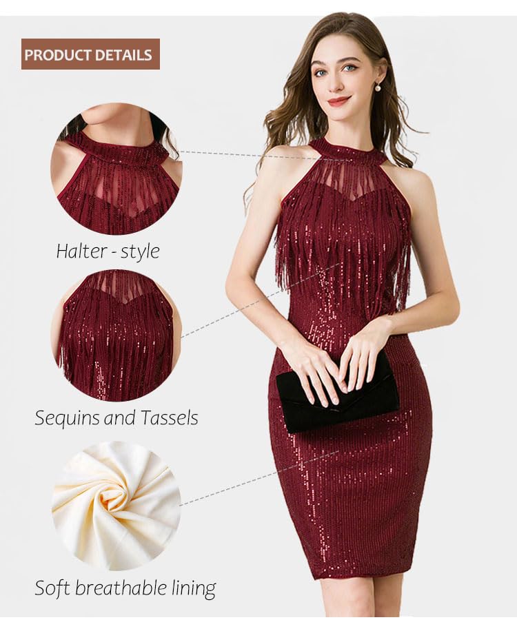 Image of Women Flapper Dresses 1920s V Neck Beaded Fringed Great Gatsby Club & Night Out Dresses