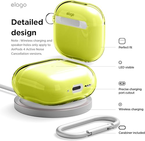 Miniatura 5 de elago Funda Transparente Compatible con Estuche AirPods 4 - Compatible con Estuche AirPods de 4ª Generación, Mosquetón Incluido, Amarillamiento