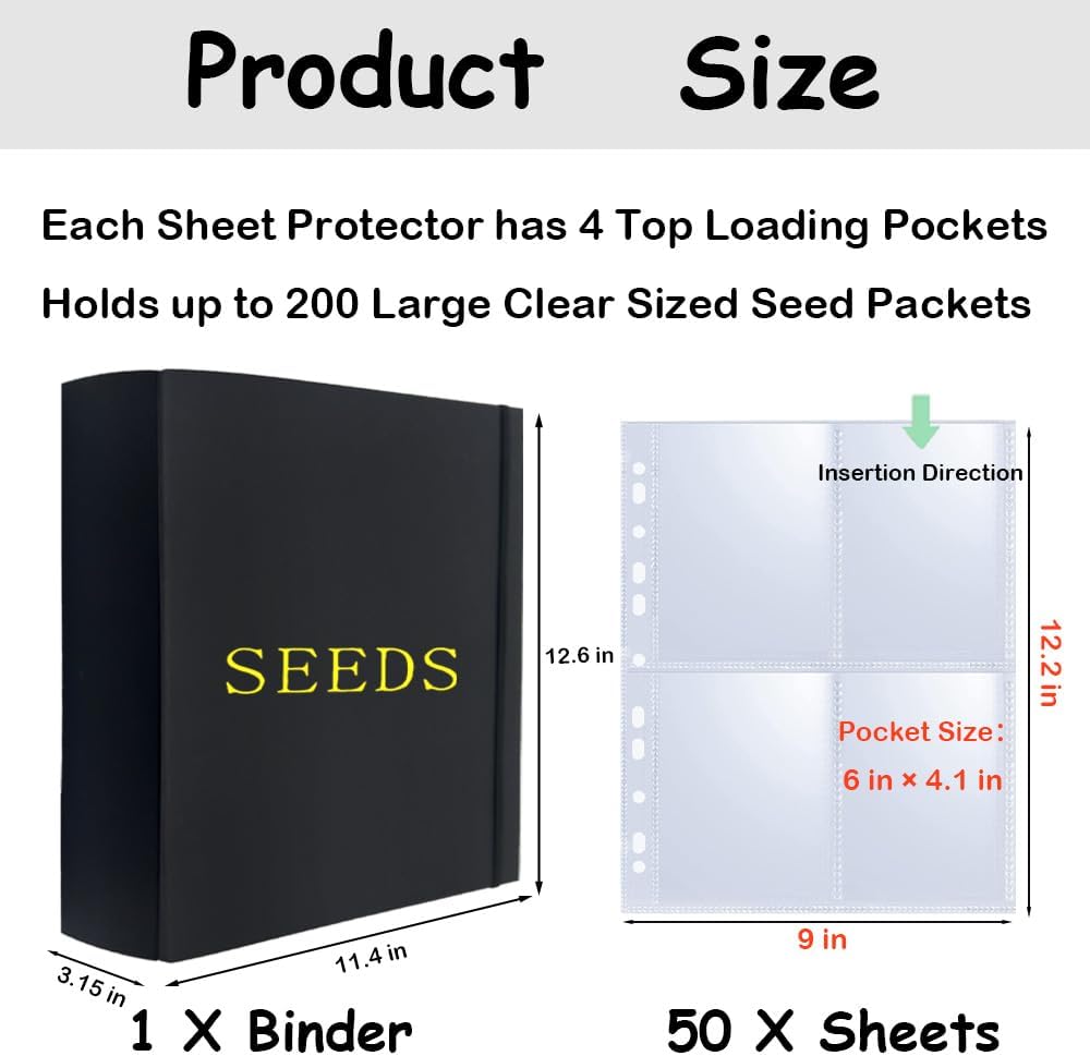 Extra Large Seed Storage Organizer Binder,3 Ring Seed Packet Organizer with 200 Pockets(50 Pack Clear Sheet Protectors), Garden Seed Holder Book for Envelopes, Seed Saving Keeper, Black