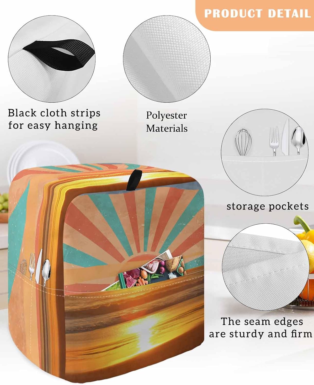 Orange Sunset Stand Mixer Cover with Storage Pocket, Waterproof Kitchen Mixer Covers, Abstract See Beach Landscape Vintage Kitchen Appliance Dust Cover Compatible with 5-8 Quart Mixers