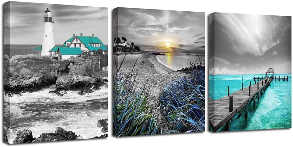 Ardemy Teal Ocean Canvas Wall Art Summer Seascape Blue Painting Lighthouse Coastal Pictures Turquoise Landscape Artwork Framed for Bedroom Bathroom Living Room Home Office Wall Decor 12"x16"x3 Panels 12"x16x3 Panels Design 1