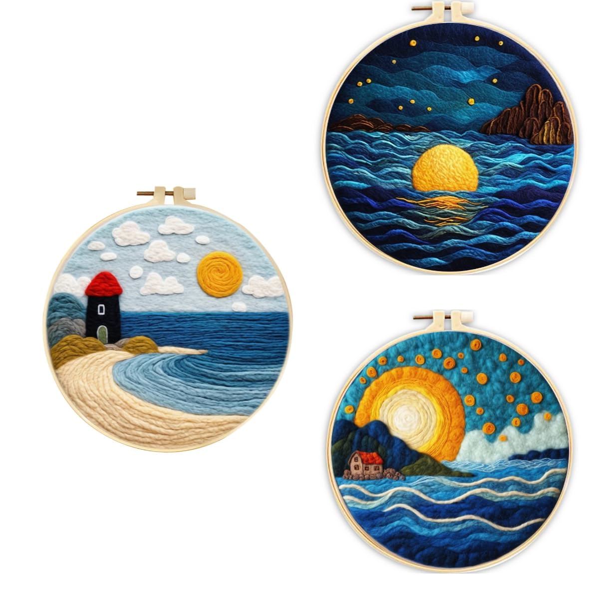 3 Sets Wool Felt Sets Seascape Scenery Needle Felting Kits DIY Handmade Wool Felt Painting Kits Home Decor Needle Felt Starter Sets Gifts with Instructions and Foam Pad for Beginners (Orange)