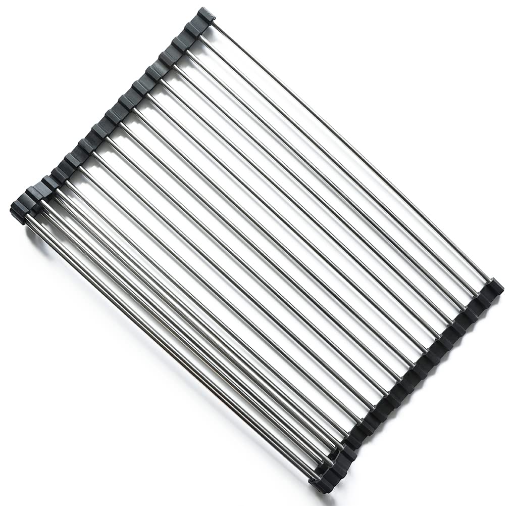 Hoki Found - Durable and Rust Resistant Roll Up Dish Drying Rack Over The Sink, Foldable Silicone and Stainless Steel Trivet Drainers Accessories-4335B