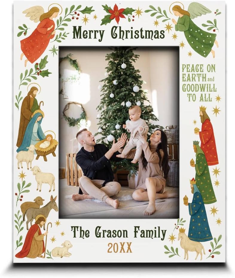BELLA BUSTA-Personalize Christmas Nativity Scene Theme -Custom Names and Date for Holiday Display-Religious Christmas Decorations-UV Print Picture Frame (5x7 Vertical)