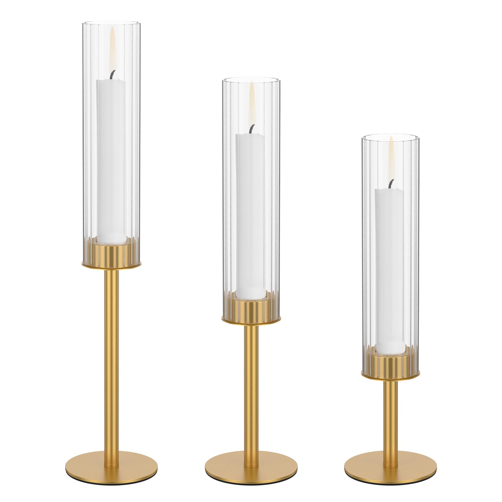 Qinglang Gold Set Of 3 Candlestick Holders For Taper Candles With Clear Glass Tube Iron Candle Holder 3 Heights Candle Stick Stand Decorative Elegant Tall Candle Holder For Weddings Dinning Party