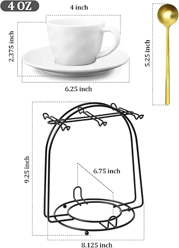 Miniatura 2 de Yedio Tazas y platillos de espresso con cucharas y soporte de metal, tazas de café de porcelana de 4 onzas, juego de 6 para bebida de capuchino,