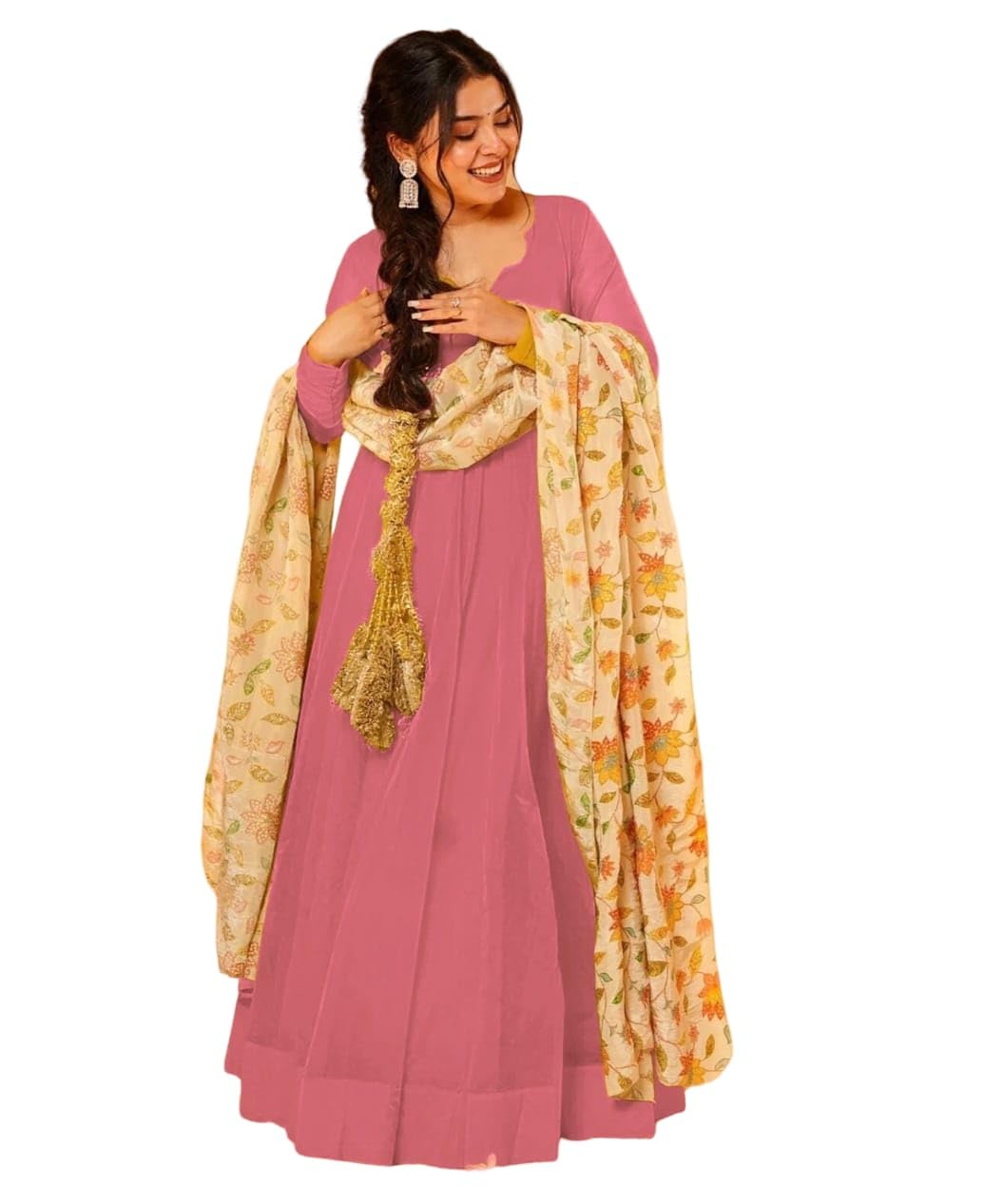 Women's Anarkali Gown with Floral Digital Print Dupatta, Pink & Teal, Teby Silk, V-Neck, Ethnic Wear (in, Alpha, M, Pink)