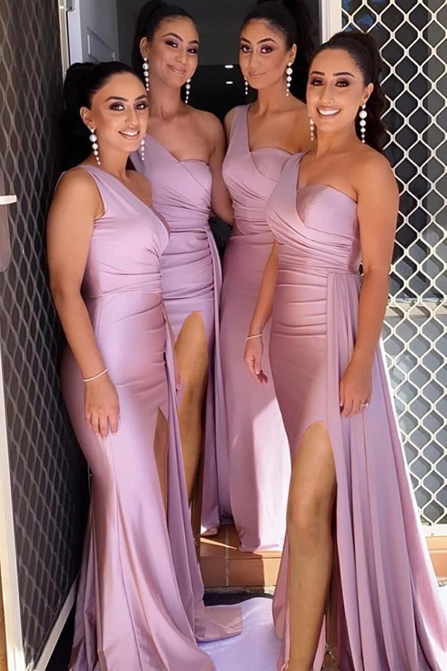One Shoulder Satin Bridesmaid Dresses for Women Mermaid Long Prom Dress Sleeveless Formal Evening Gown with Slit