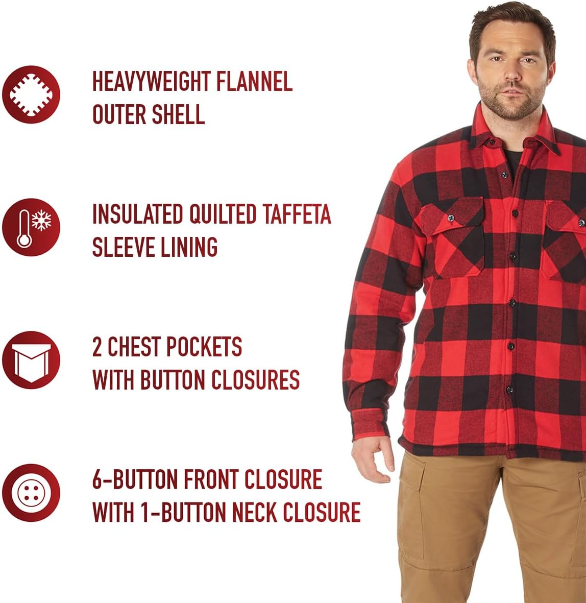 Rothco Extra Heavyweight Buffalo Plaid Sherpa Lined Flannel Shirt – Warm Outdoor Shacket, Red Plaid, XL - Image 8