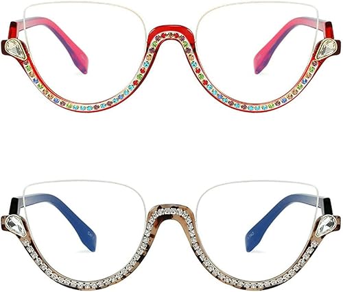 Vista 11 de Gafas de lectura con diamantes de imitación retro estilo punk transparente medio marco ojo de gato brillante diamantes de imitación 2 piezas 2