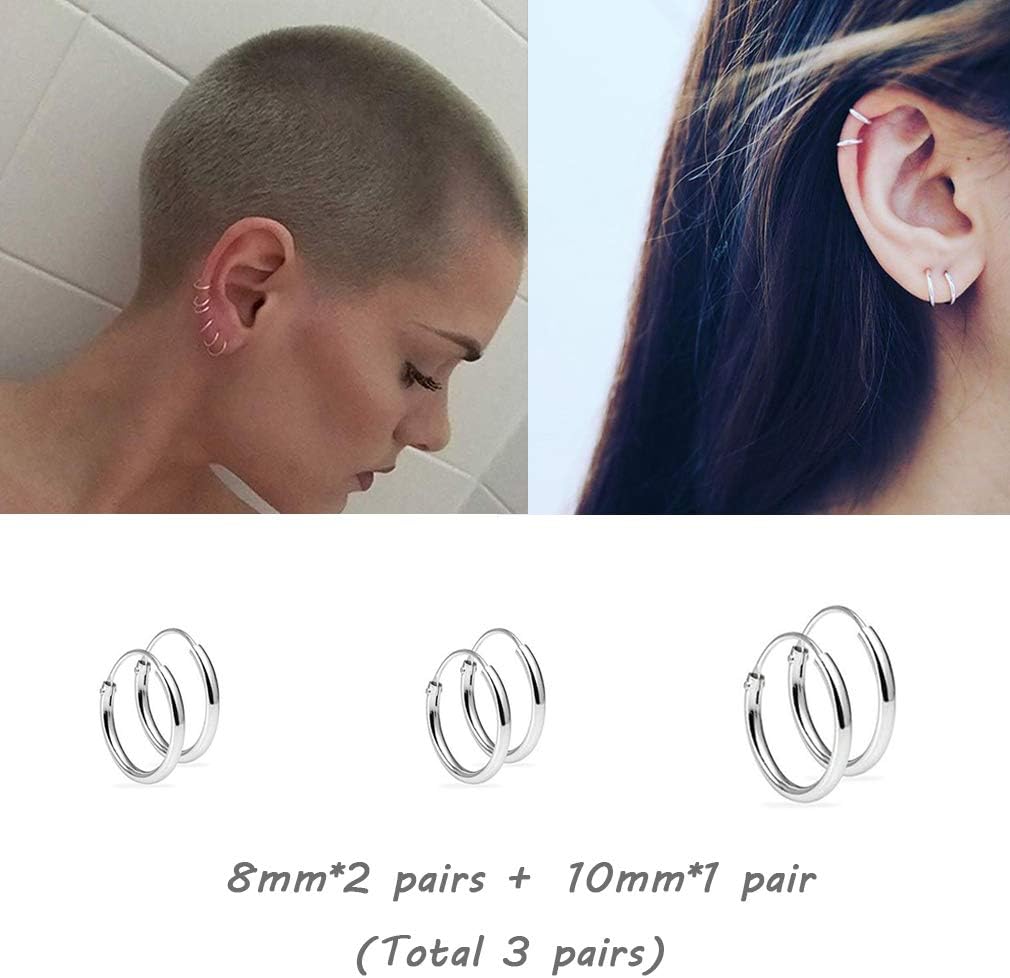 EPIRORA Silver Hoop Earrings for Women Men- Cartilage Earring Endless Small Hoop Earrings Set,3 Pairs of Hypoallergenic 925 Sterling Silver Tragus Earrings Nose Lip Rings - Image 2