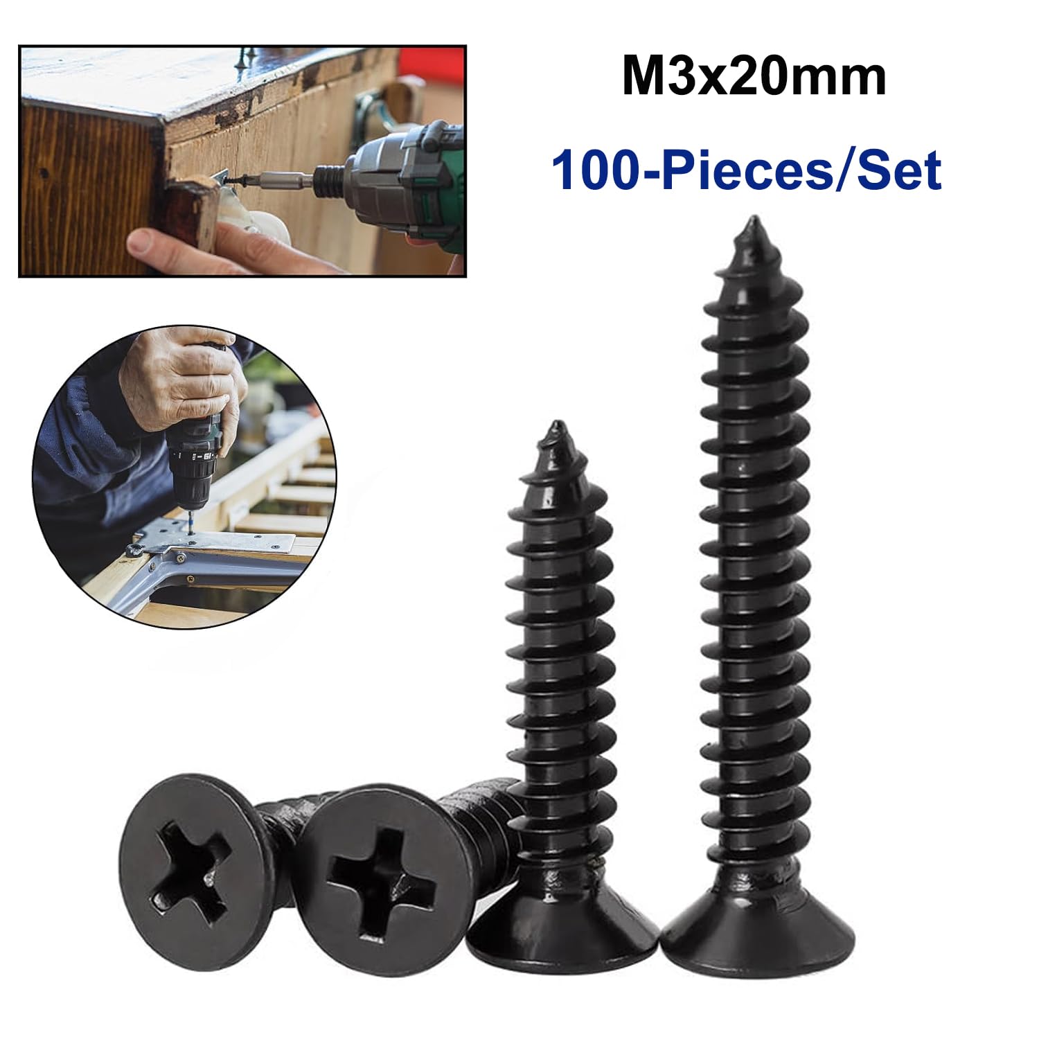 FandWay 100Pcs Self Tapping Screws Black,M3x20mm Small Wood Screws 304 Stainless Steel,Flat Head Self Drilling Screw,Countersunk Head Sheet Metal Screw Phillips Drive for DIY WoodWork Repairs - Image 3