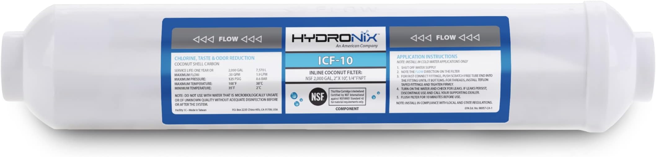 Hydronix ICF-10 RO Reverse Osmosis Post Polishing, Fridge and Ice Inline Coconut GAC Water Filter, 2000 Gal, 1/4" NPT