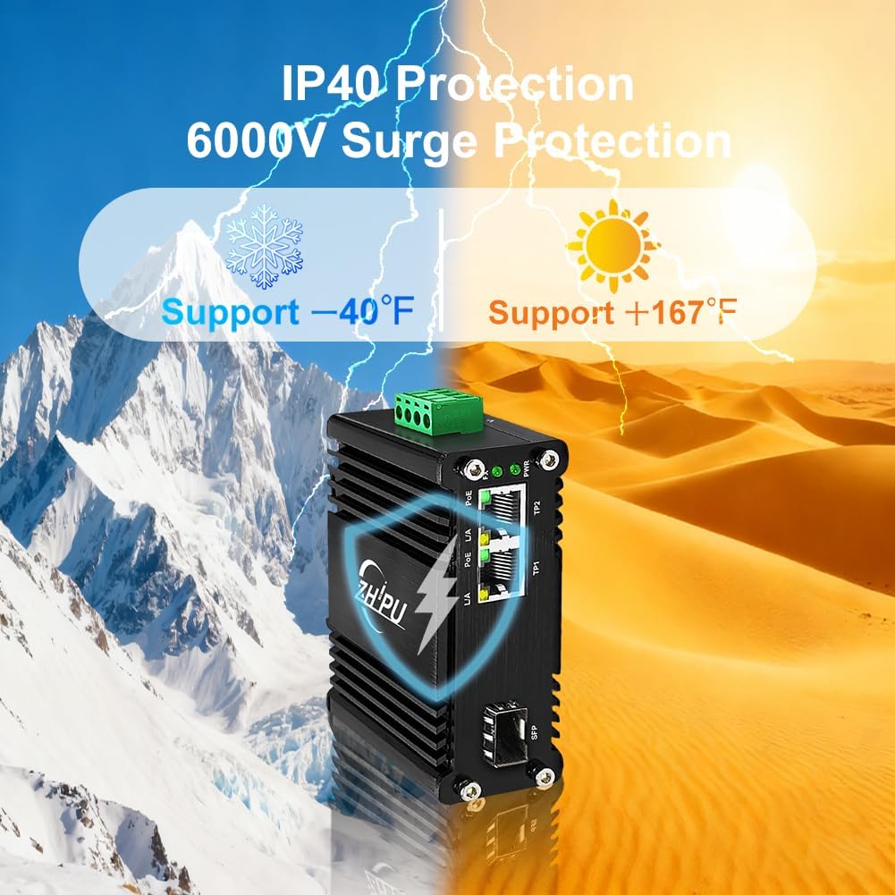 Industrial 2 PoE Ports Gigabit Fiber Media Converter, Boost Voltage Input DC9-57V to 48V Max PoE Output 60W, 1 SFP and 2 RJ45 IEEE802.3af/at 30W Fiber Switch, for Solar Power/RV Truck