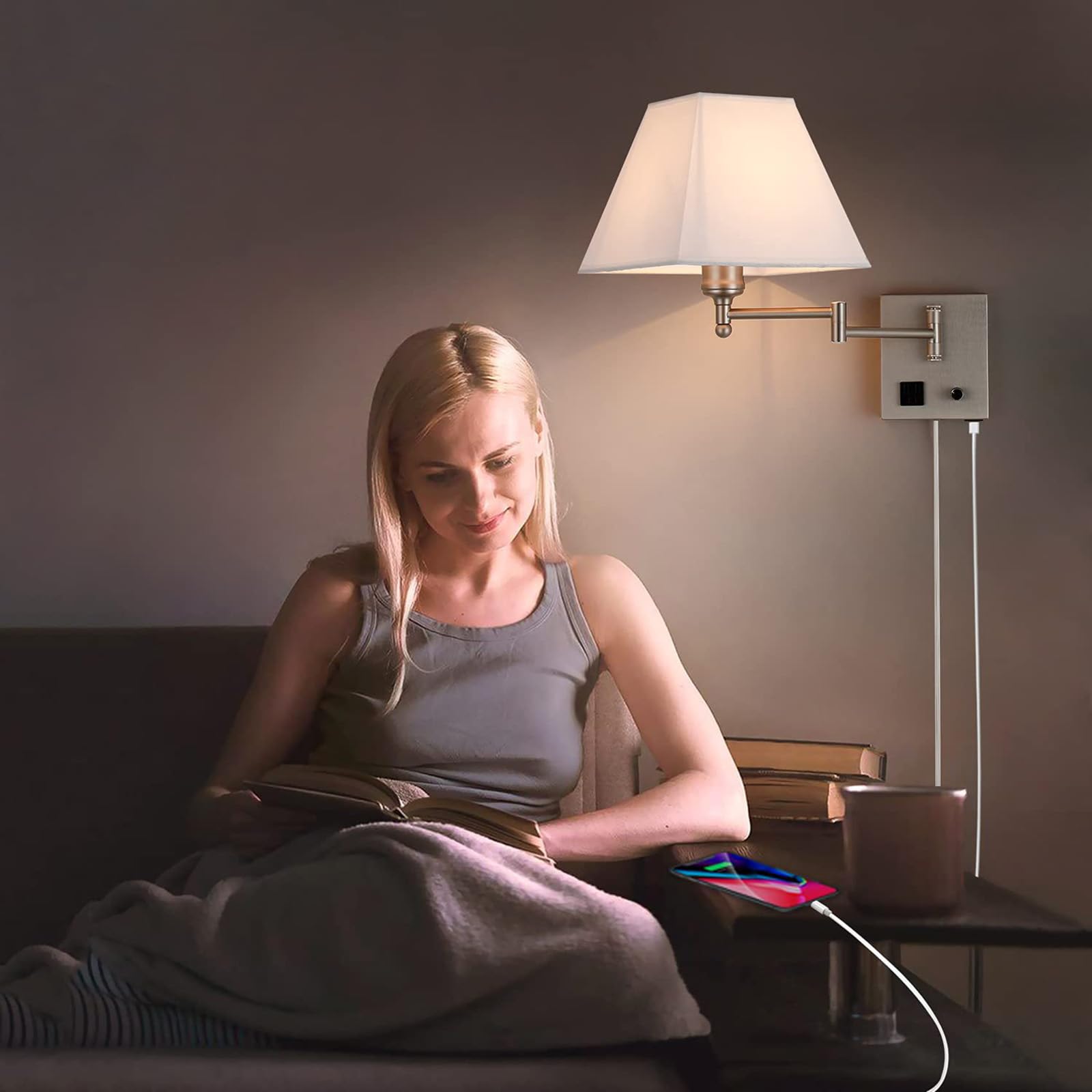 Bedside Wandleuchte 270° Drehbare Verstellbar Schwenkarm Wandlicht Lampen mit Stecker Kabel Wandlampe mit Schalter Wandbeleuchtung E27 Leselampe Moderne für Hotel Schlafzimmer (Silber,1 Stück)