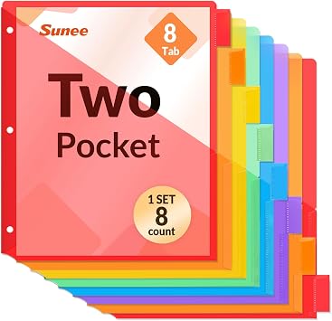 SUNEE 8 Tab Dividers with Pockets, Plastic Dividers for 3 Ring Binder, Subject Dividers with 2 Pockets, Binder Dividers for School Office Home Supplies, Multicolor, 1 Set