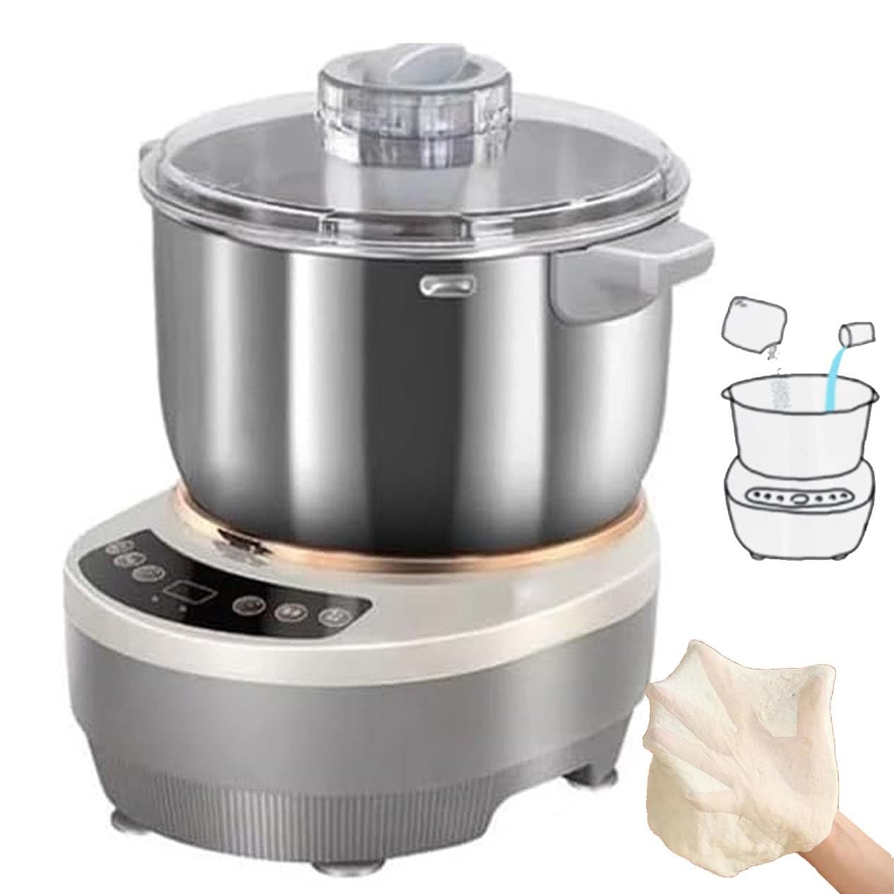 Amasadora de pedestal de gran capacidad con recipiente de acero inoxidable 304, con capacidad de 5 o 7 litros.200 W, perfe-cto para hornear pan, pizza y dumplings.(7L)