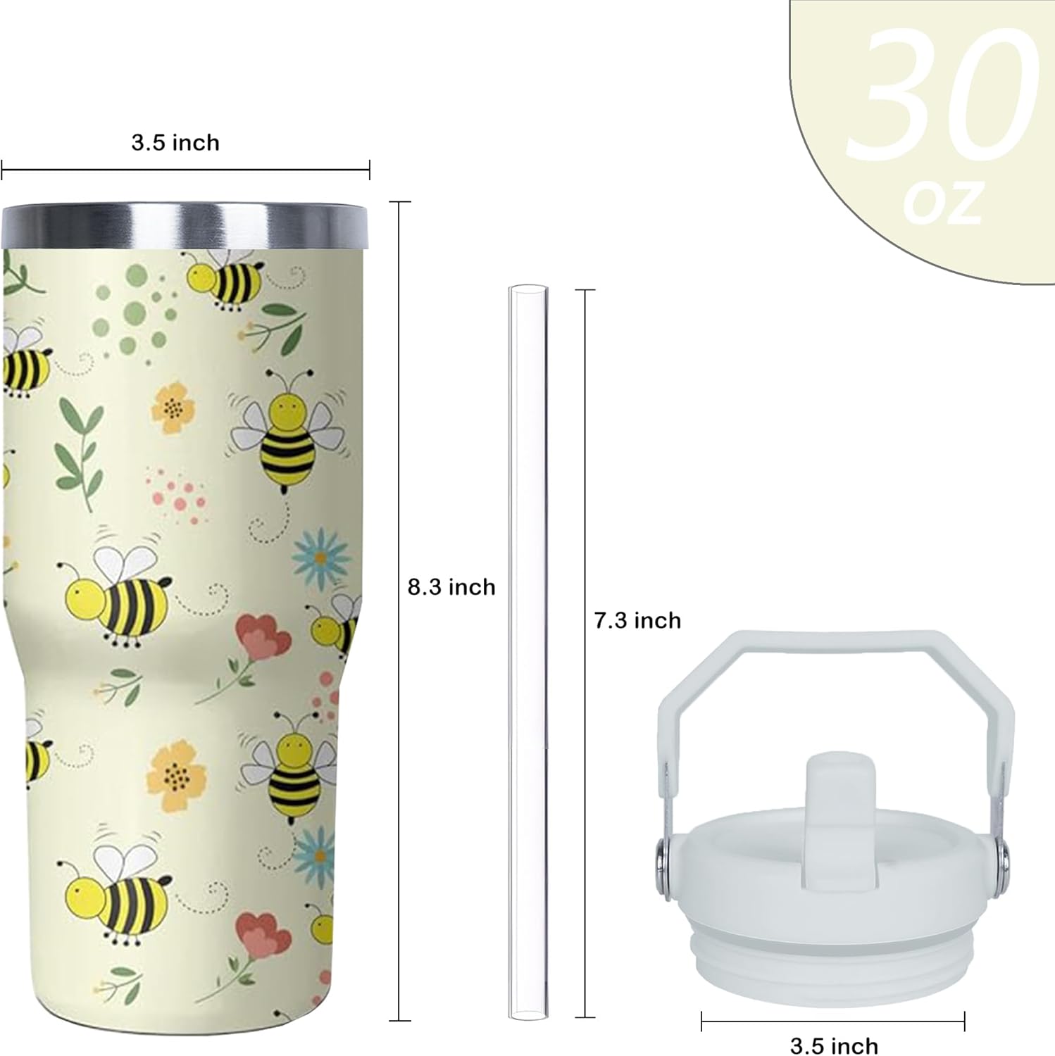 30 oz Bee Tumbler with Handle and Flip Straw, Stainless Steel Insulated Cup with Lid and Straw,Travel Coffee Mug Water Bottle,Christmas Birthday Mothers Day Gifts for Women Animal Lovers - Image 2