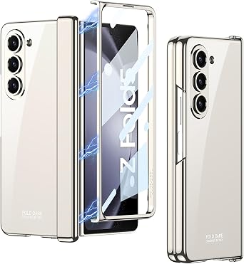 for Samsung Galaxy Z Fold 5 Clear Case, Transparent Electroplating Phone Case with Magnetic Hinge Protection and Screen Protector,Slim Shockproof Protective Cover for Samsung Z Fold 5 Silver