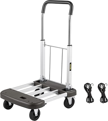 VEVOR Camión de plataforma plegable, carrito de plataforma compacto de longitud ajustable, mango telescópico plegable de aluminio con 4 ruedas,