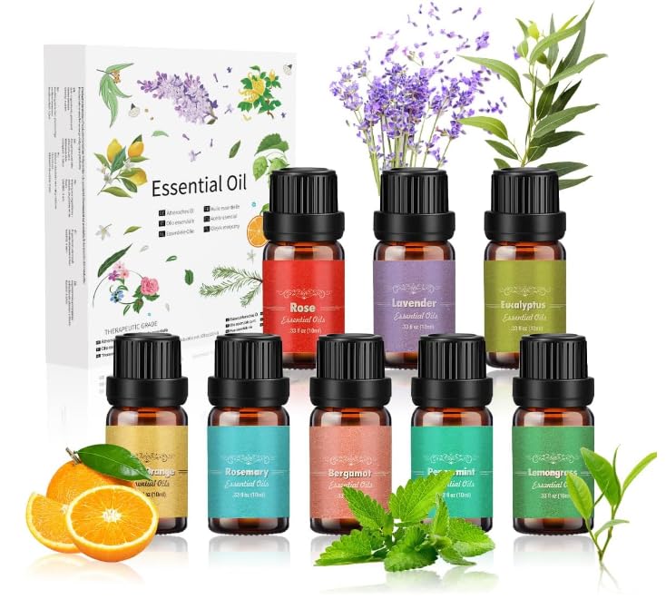 Ätherische Öle Set 8 x 10 ml, 100% Naturrein Aroma Duftöl Rosmarin, Bergamotte, Eukalyptus, Lavendel Pfefferminze, Zitronengras Bergamotte etc für Diffuser, Seife, Kerzen, Luftbefeuchter, SPA
