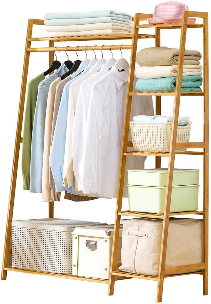 5-Tier Bamboo Clothing Rack with Shelves, Free Standing Garment Organizer with Hanging Rod & Shoe Storage, Multi-Layer Wardrobe Coat Hanger Closet Rack for Bedroom Entryway Laundry Room, Natural
