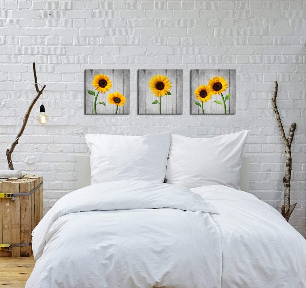 KLVOS 3 Panel Sunflower Canvas Wall Art Yellow Wild Floral Giclee Print Gallery Wrap for Bathroom Bedroom kitchen Living Room Wall Decoration Ready to Hang 12x12inchx3pcs