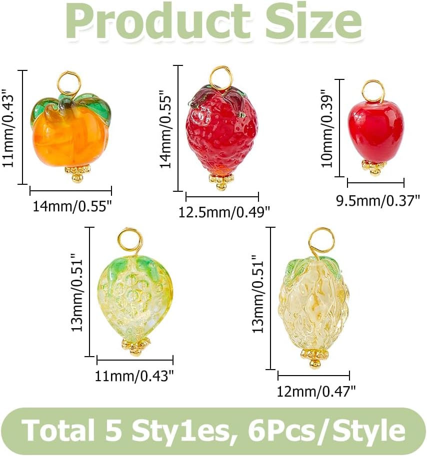 30Pcs Fruit Lampwork Charms 5 Styles Handmade Lampwork Fruit Pendants Charm with Brass Loops 3D Resin Orange Appless Strawberry Charms for Jewelry Making DIY Crafts - Image 2