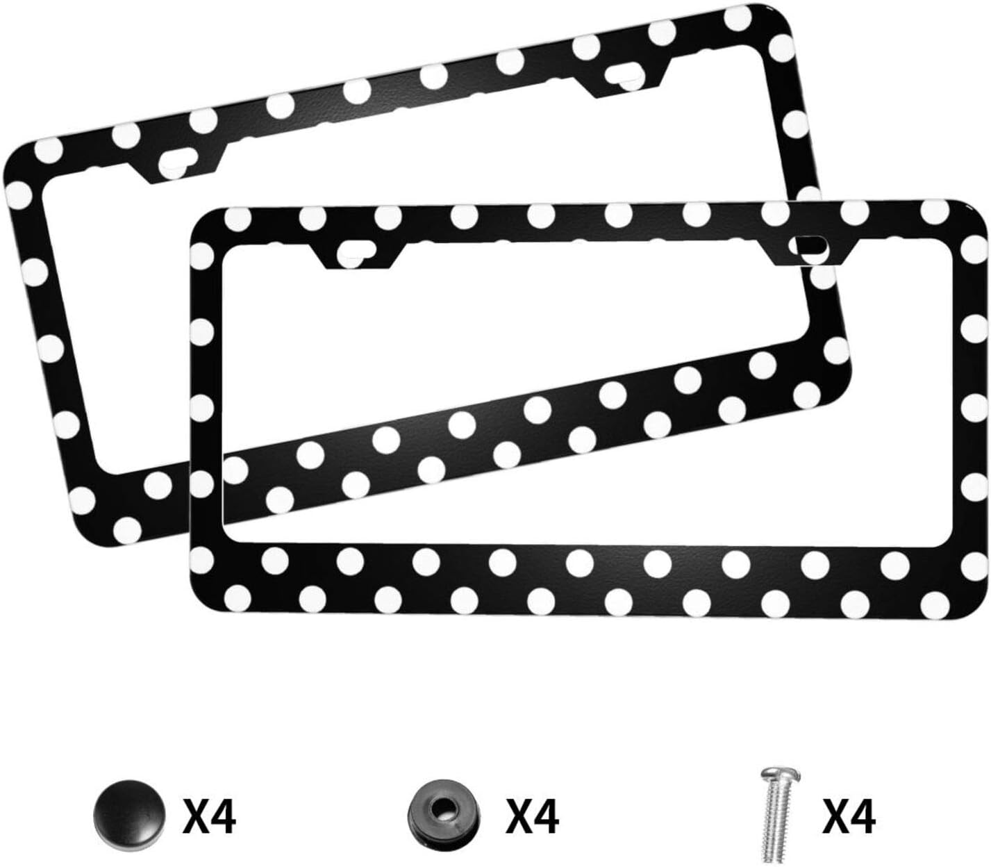 2Pack White Black Racing Polka Dot Car License Plate Frames, Aluminum Car Tags Frame with Screws Caps