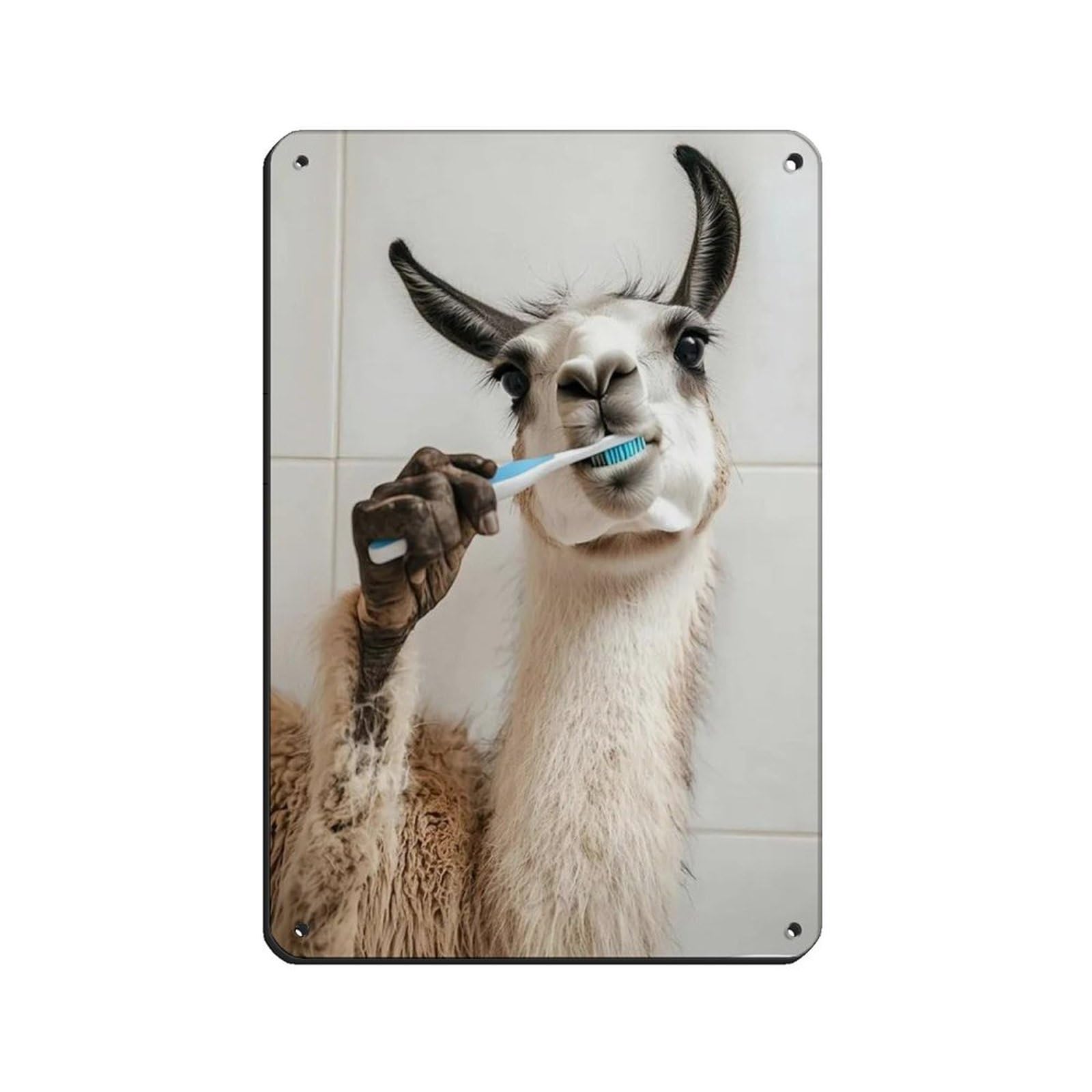 Llama Brushing Teeth, Funny Bathroom Art Retro Poster Metal Tin Sign Chic Art Retro Iron Painting Bar People Cave Cafe Family Garage Poster Wall Decoration 8x12inch(20x30cm)