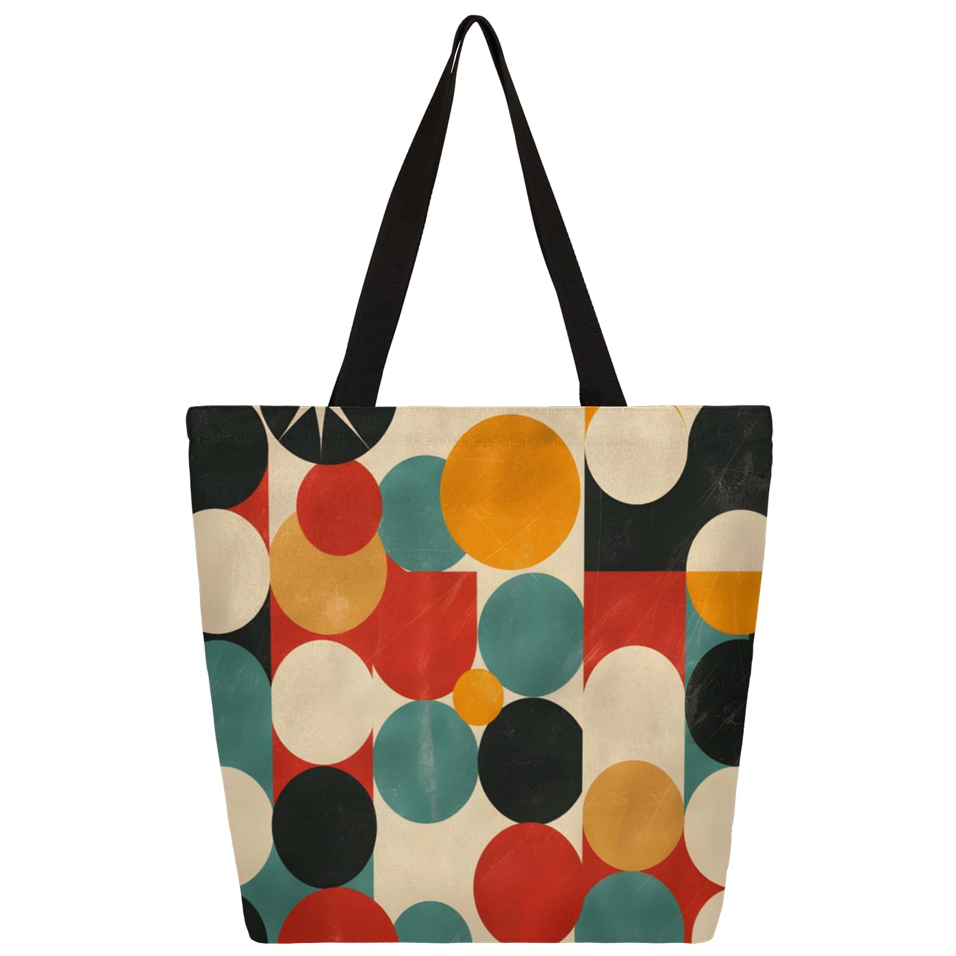 Mularoka Circular Geometric Colour Large Capacity Canvas Tote Bag Stylish Handheld Shoulder Bag Reusable Shopping Bag for Work Travel Beach Trips Shopping