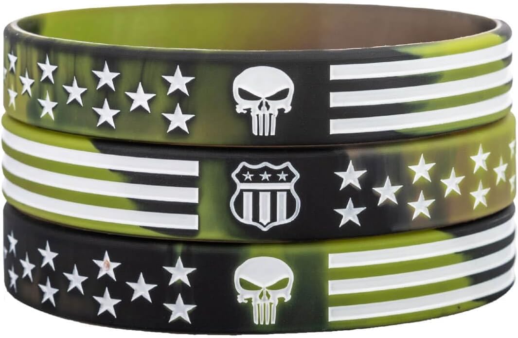 Sainstone Military Camo Skull American Flag Silicone Bracelets - Motivational Camouflage Rubber Wristbands Gifts for Police Cops, USMC, Coast Guard, Army, Patriots, Men Women