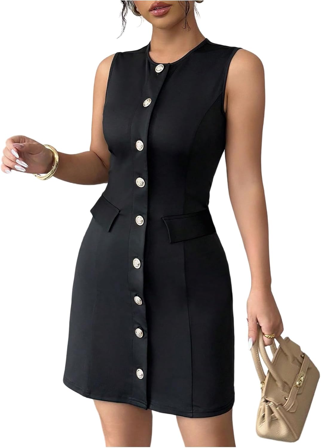 Floerns Women's Elegant Mini Dress Sleeveless Button Down Dressy Casual A Line Dresses