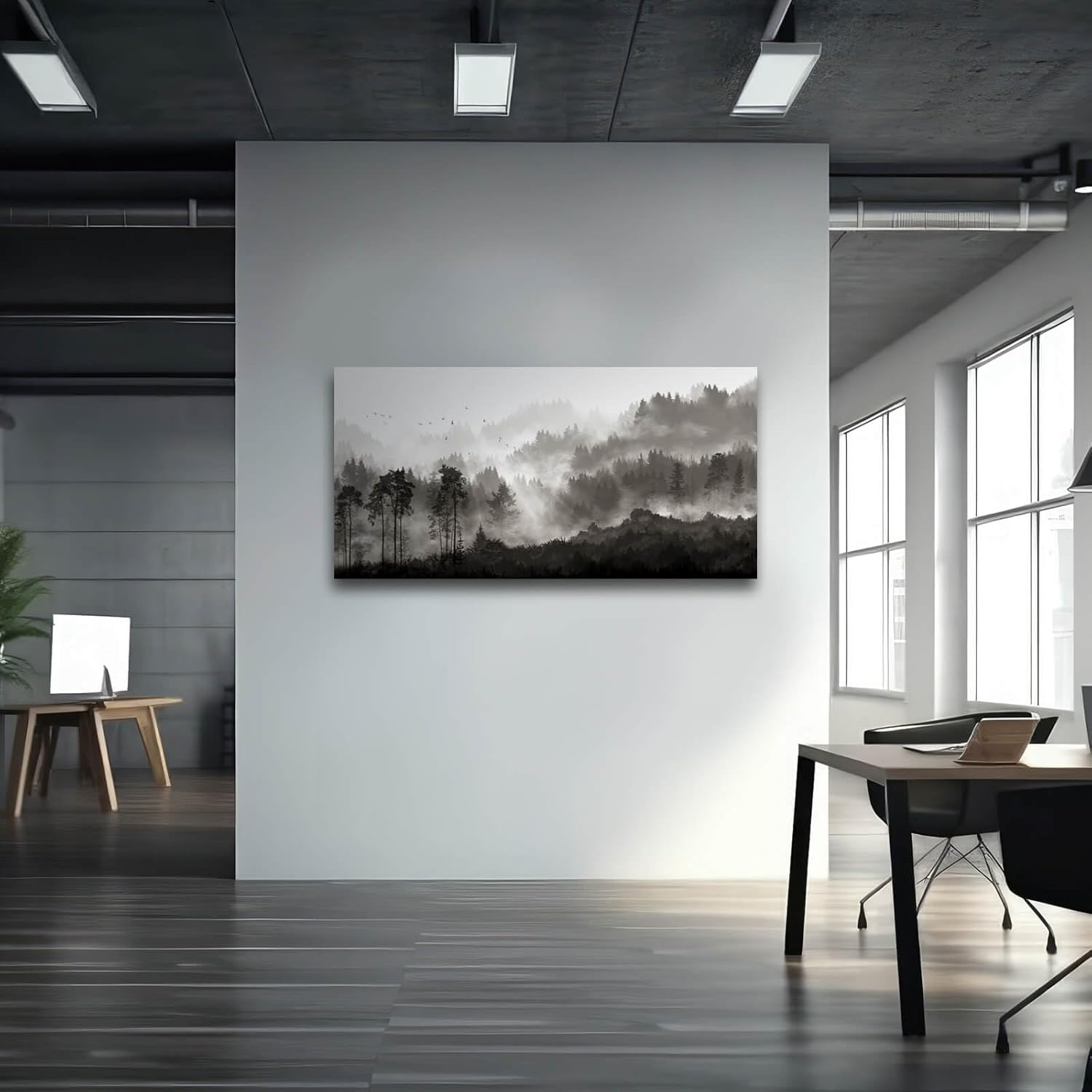 YJYart Landscape Wall Art Black Forest Tree Painting for Bedroom Living Room Kitchen Office Well Decoration Ready to Hang 24x48 Inches