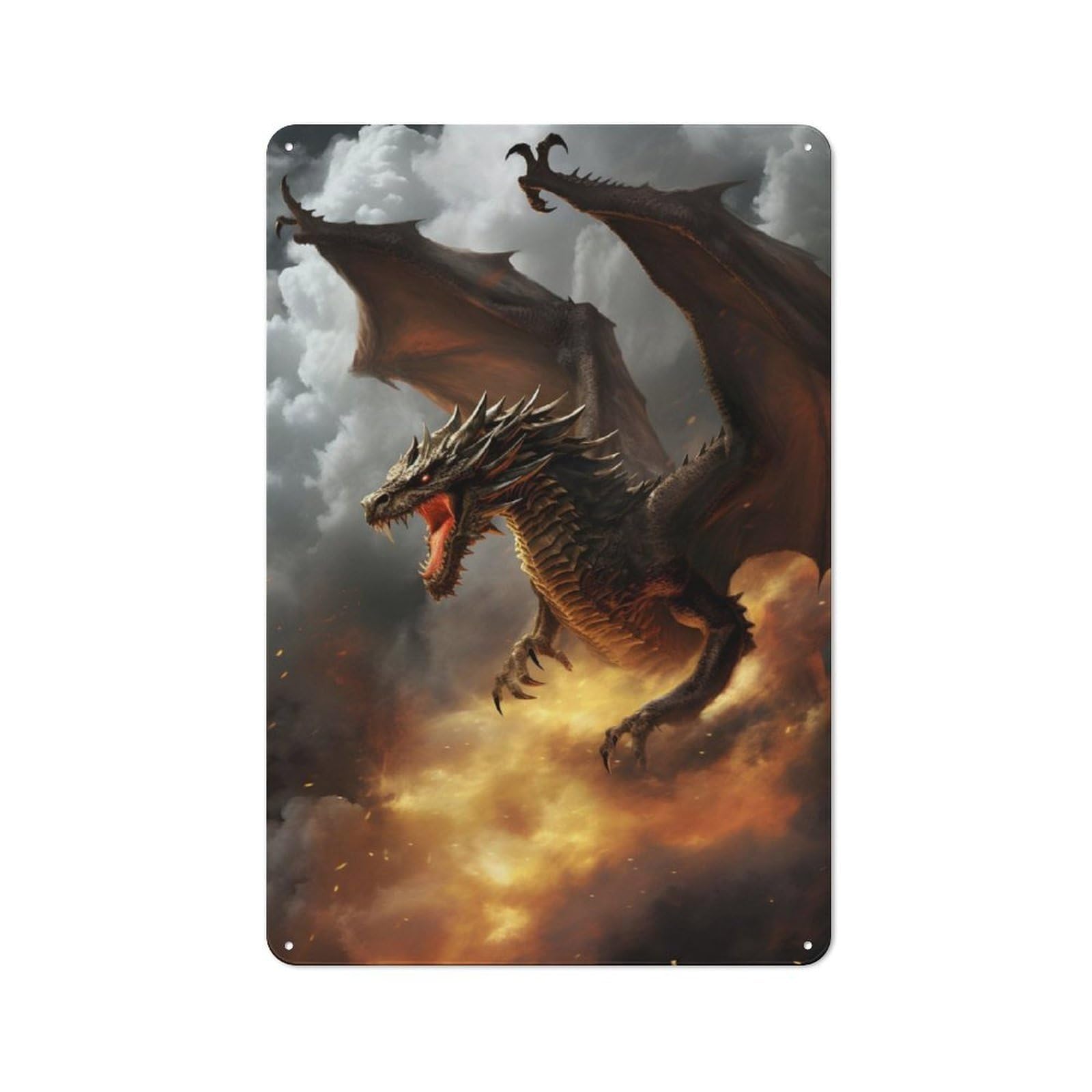 Vintage Tin Sign 30x20cm with Inferno Dragon for Guest Room Or Hallway, for Themed Room Decoration, for Vintage Wall Decor Fans