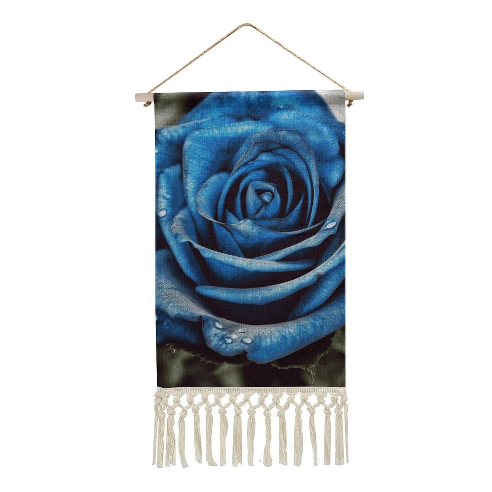 BTCOWZRV Cotton And Linen Hanging Poster with Tassels, Blue Rose Wall Hanging Tapestry Vintage Wall Art Painting Modern Artwork Decoration for Home Decor Ready to Hang 10x19.6 in