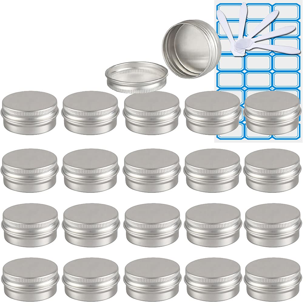 30 Pezzi Barattoli di alluminio 10ml a Vite Argento Scatola in Alluminio Forma Rotondo, Vasetti per DIY Candele Cosmetico Caramella Gadget Balsamo Labbra, 2x Etichette e 5x Spatola
